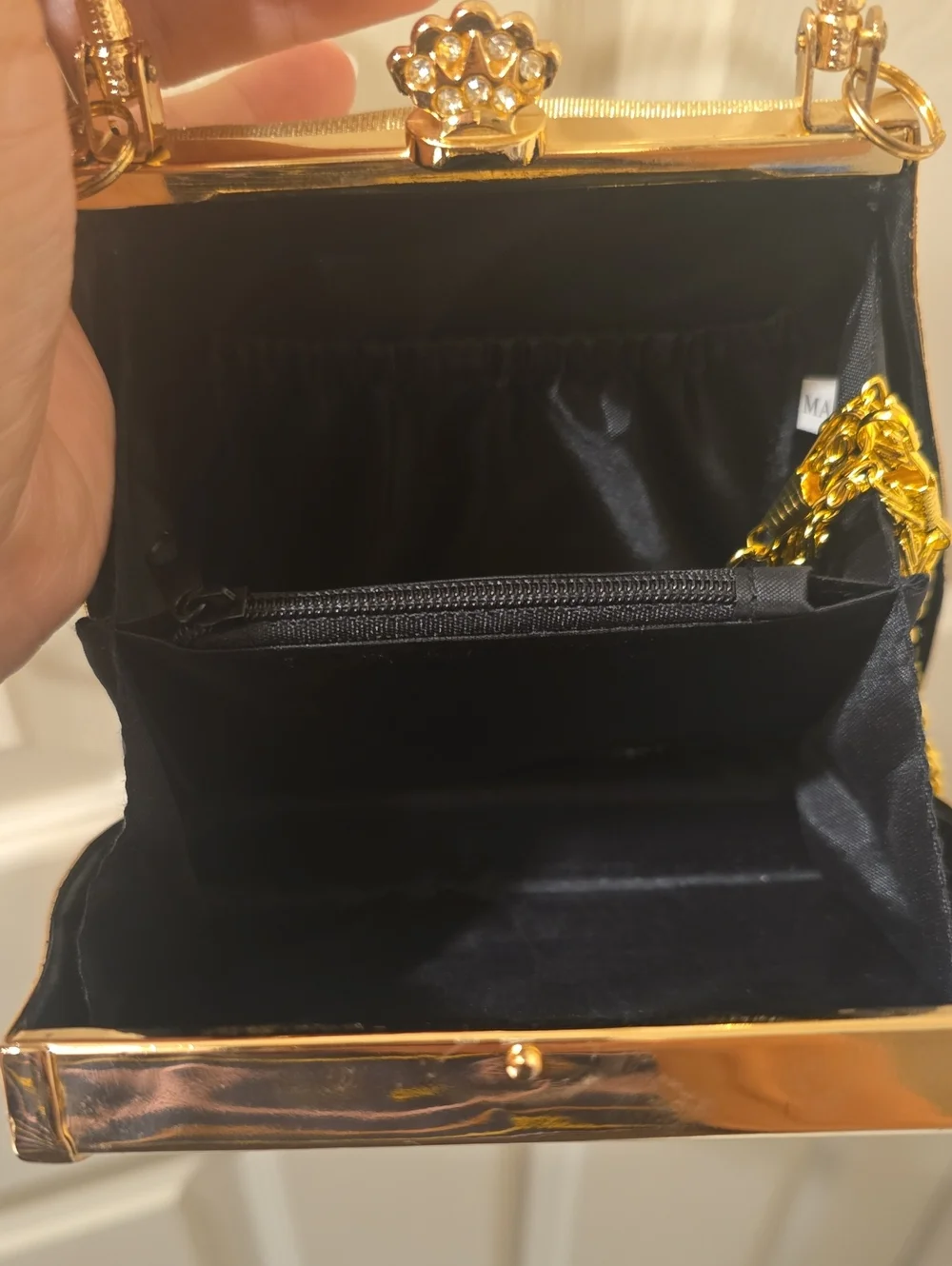 Gold Evening Top-Handle Clutch with Rhinestone Heart Accent